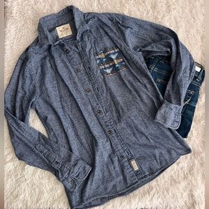 Men’s Natural fiber Hollister Blue Button-down Shirt Aztec serape print pocket